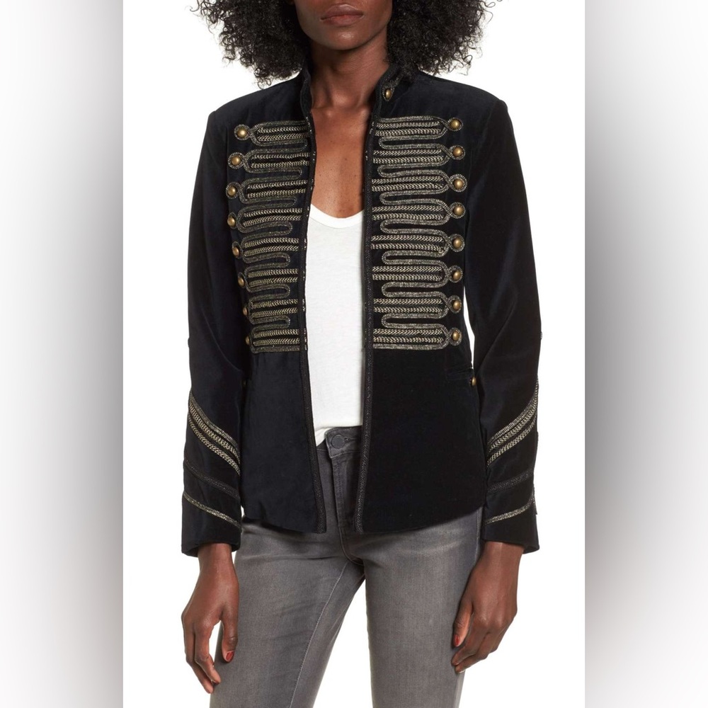 Blank NYC Black Military-Style Velvet Blazer with Gold Trim